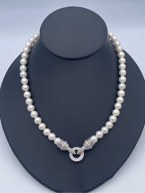 Judith Ripka Freshwater Pearl Necklace 925 Sterling Silver CZ Magnetic Clasp